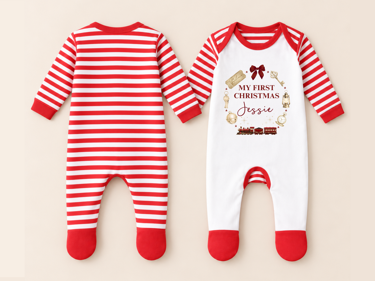 Personalised My First Christmas baby sleepsuit shown front and back with Jessie name