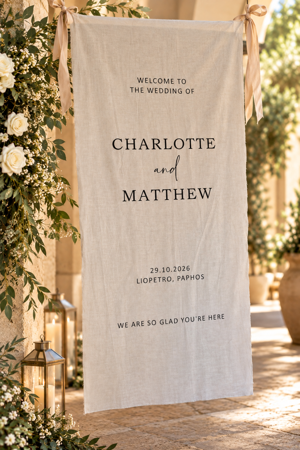 Personalised linen wedding welcome sign with frayed edges displayed at a romantic wedding venue