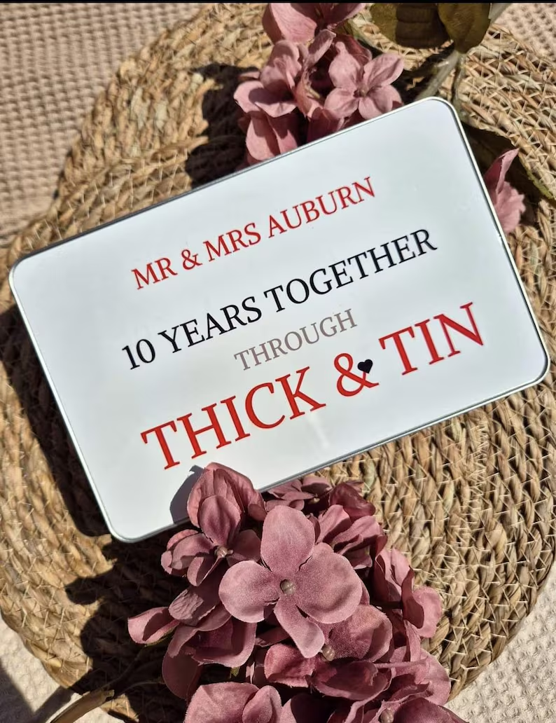 Personalised silver 10th wedding anniversary tin with Thick and Tin wording
