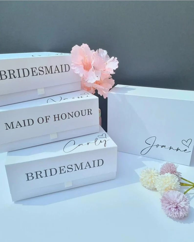Personalised white bridesmaid and maid of honour magnetic gift boxes