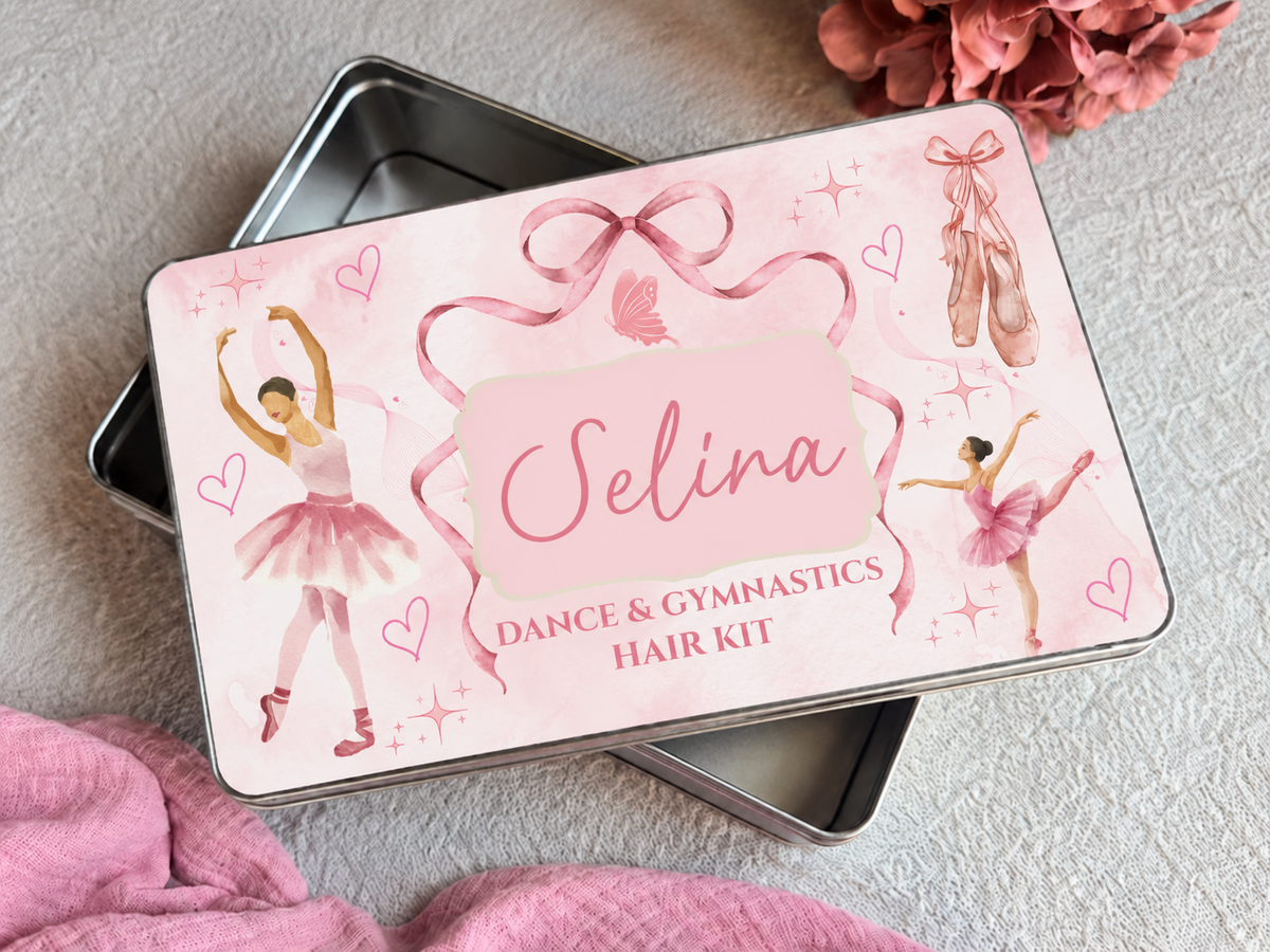 Personalised dance and gymnastics hair kit tin with name