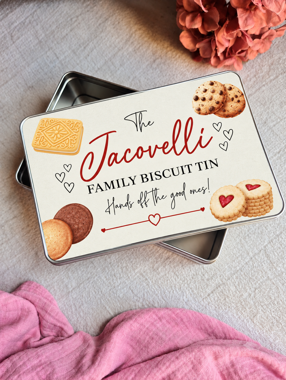 Personalised family biscuit tin with custom surname