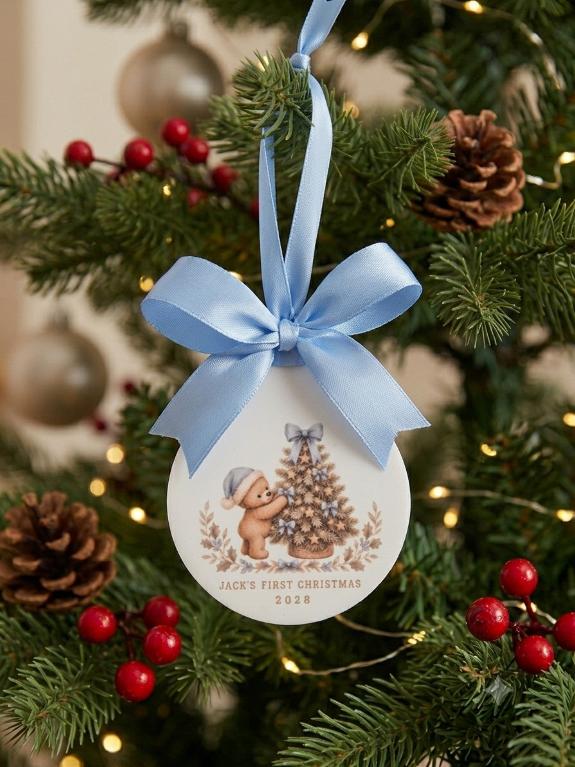 Personalised first Christmas tree ornament with blue ribbon and teddy bear design