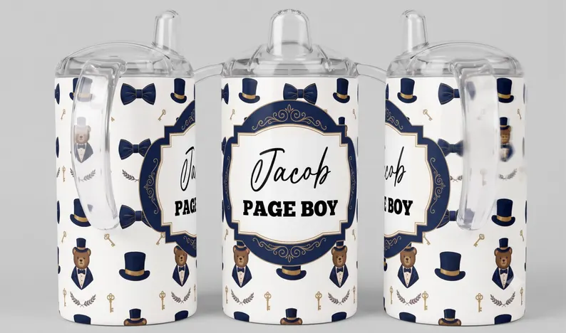 Personalised Page Boy sippy cup with navy bow tie and top hat design