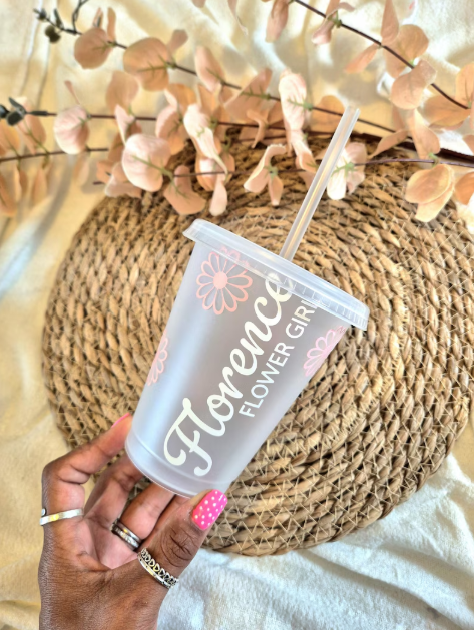 Personalised pink Flower Girl cold cup with straw