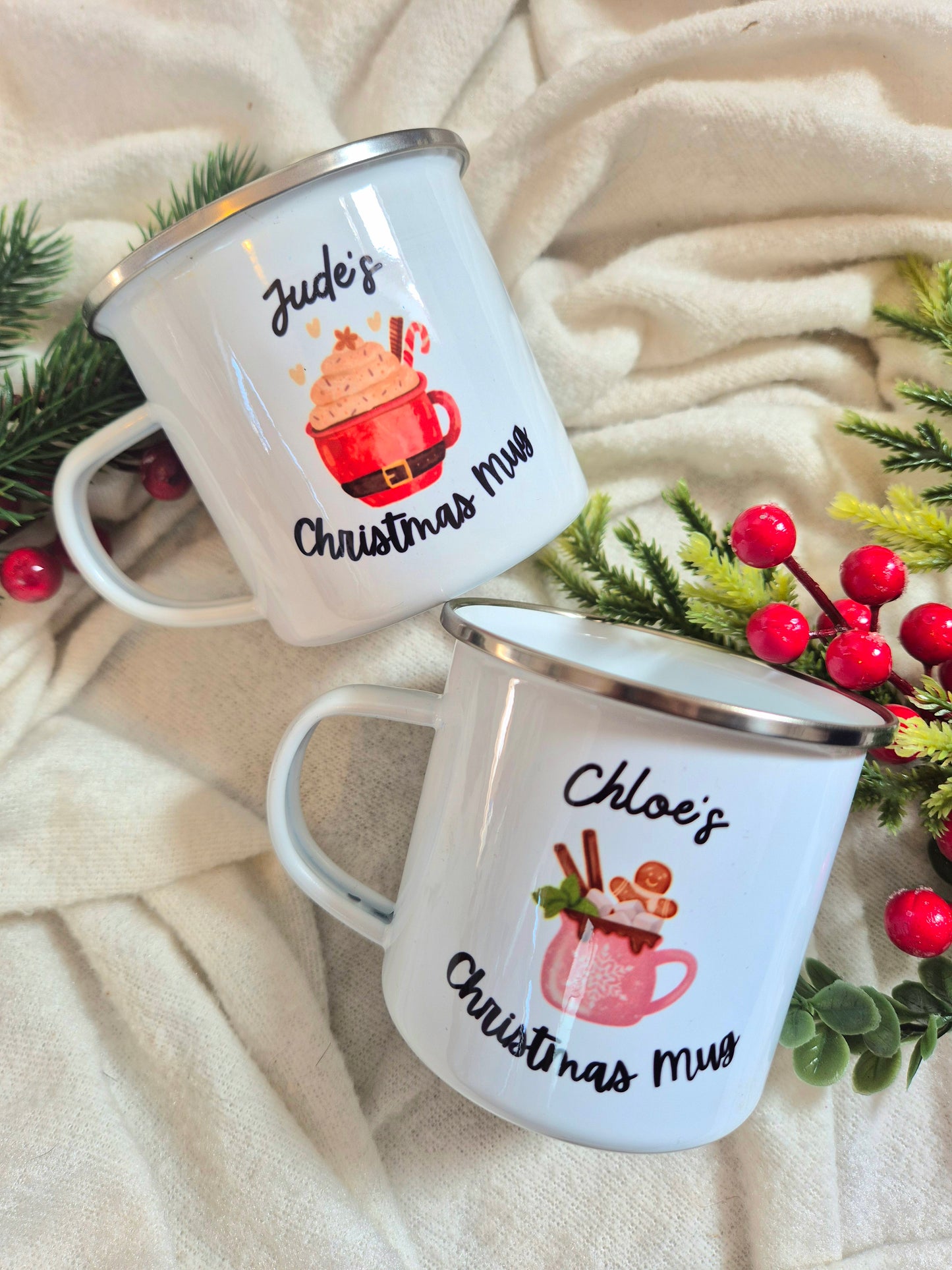 Personalised Children's Enamel Christmas Mug - Pink Mug Design