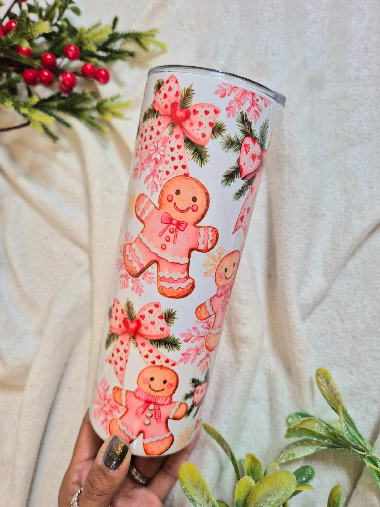 Festive Metal Tumbler - Pink Gingerbread