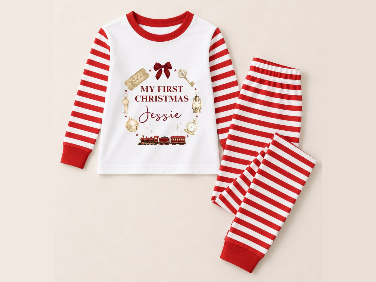 Personalised My First Christmas Children's Pyjamas – Red Stripe