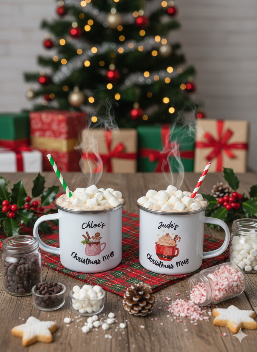 Personalised Children's Enamel Christmas Mug - Pink Mug Design