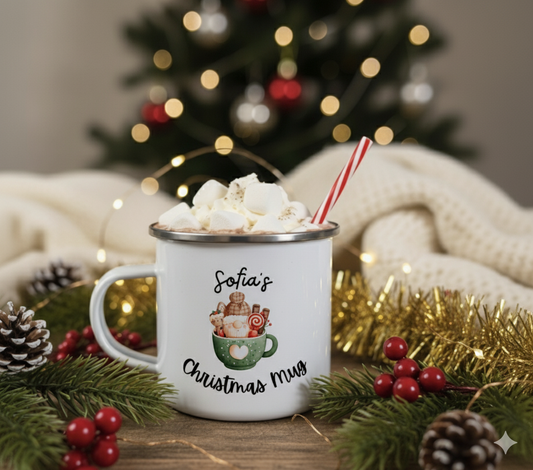 Personalised Children's Enamel Christmas Mug - Green Mug Design
