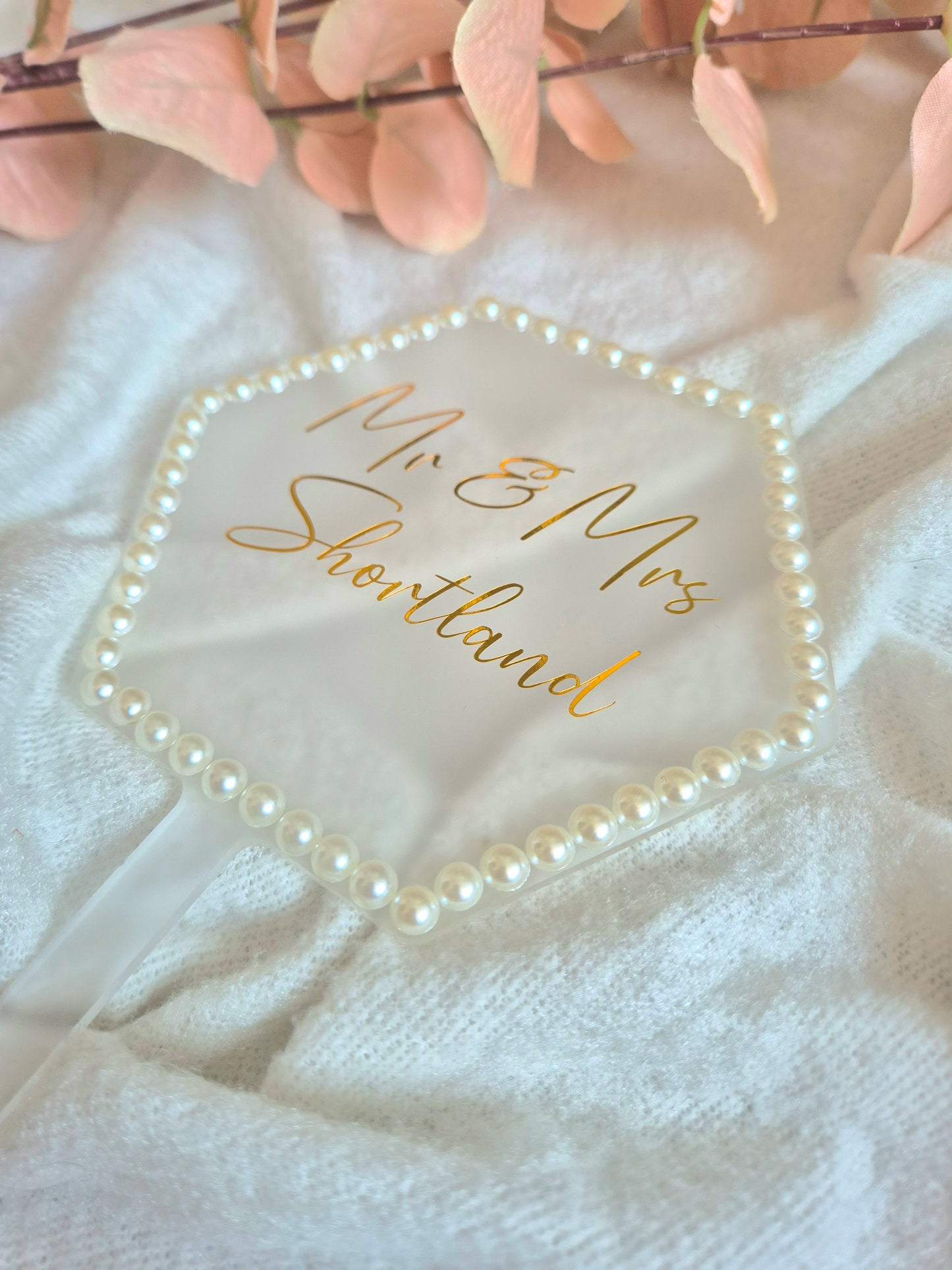 Pearl Edged Wedding Cake Topper - Hexagon