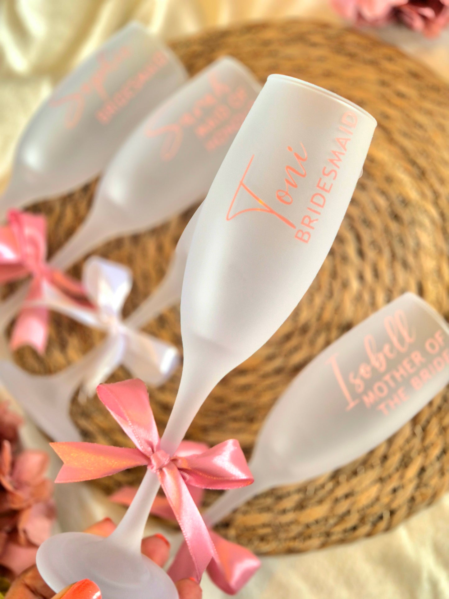 Personalised Frosted Champagne Flutes with Bow - Pink