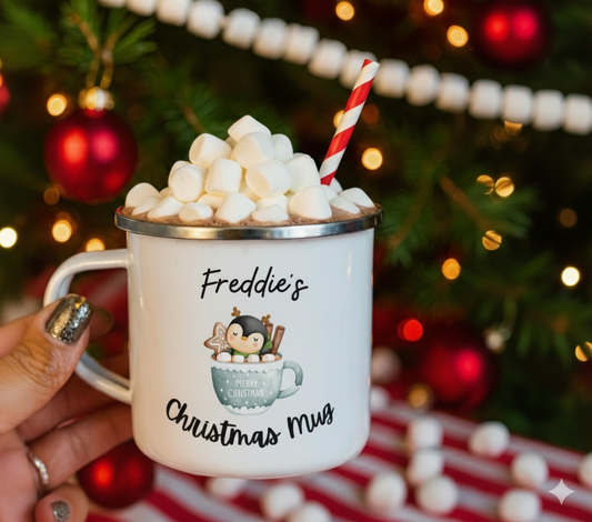 Personalised Children's Enamel Christmas Mug - Penguin Design