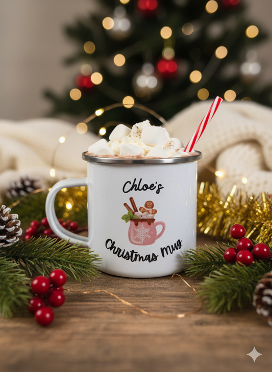 Personalised Children's Enamel Christmas Mug - Pink Mug Design