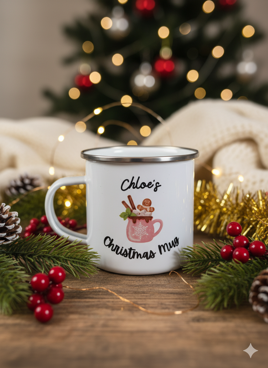 Personalised Children's Enamel Christmas Mug - Pink Mug Design