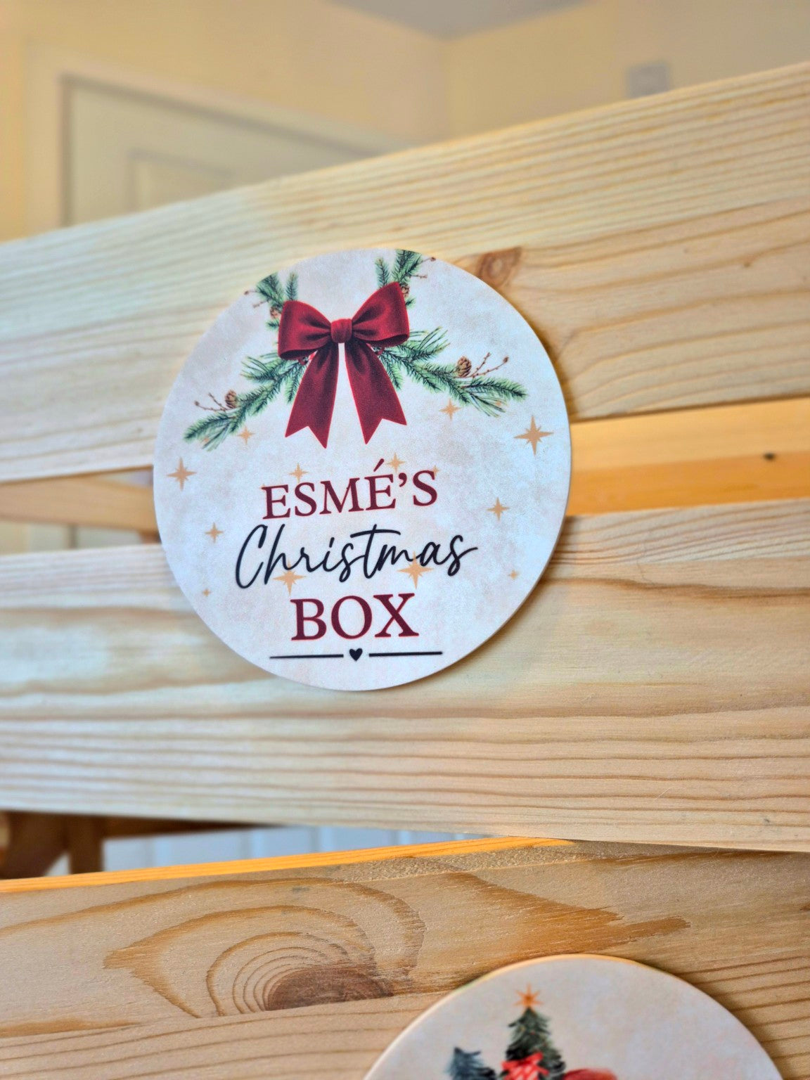 Red Bow personalised wooden Christmas Box close-up