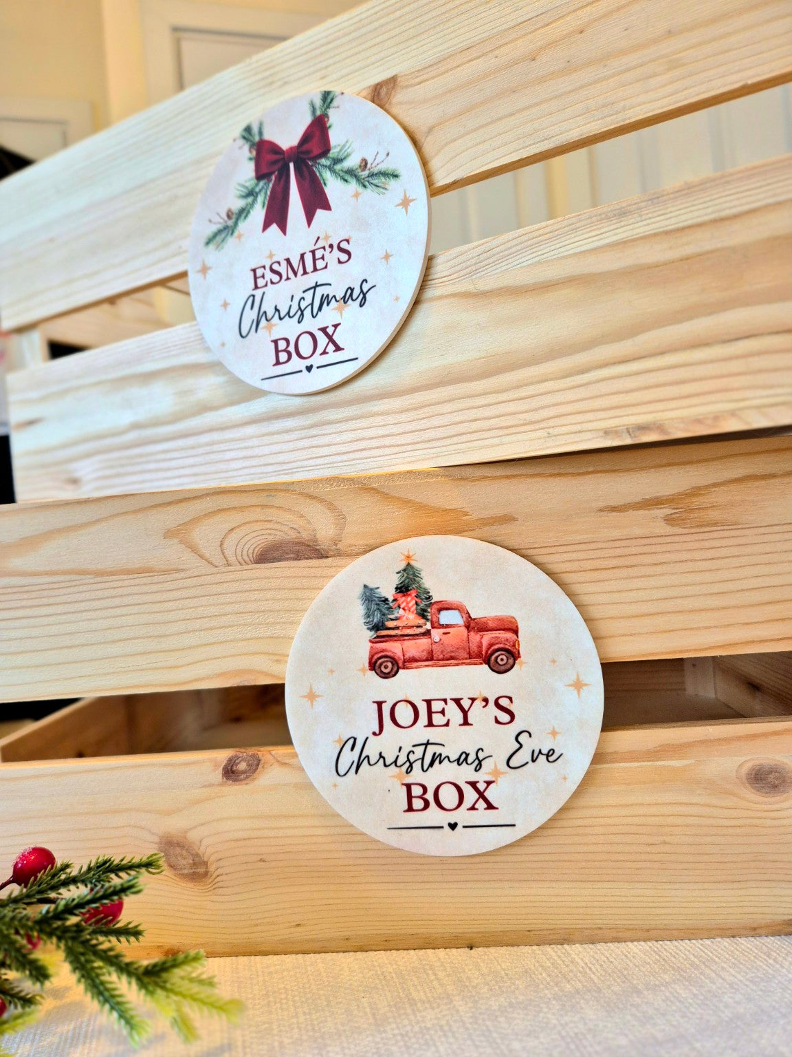 Personalised wooden Christmas boxes with Red Bow and Christmas Truck designs