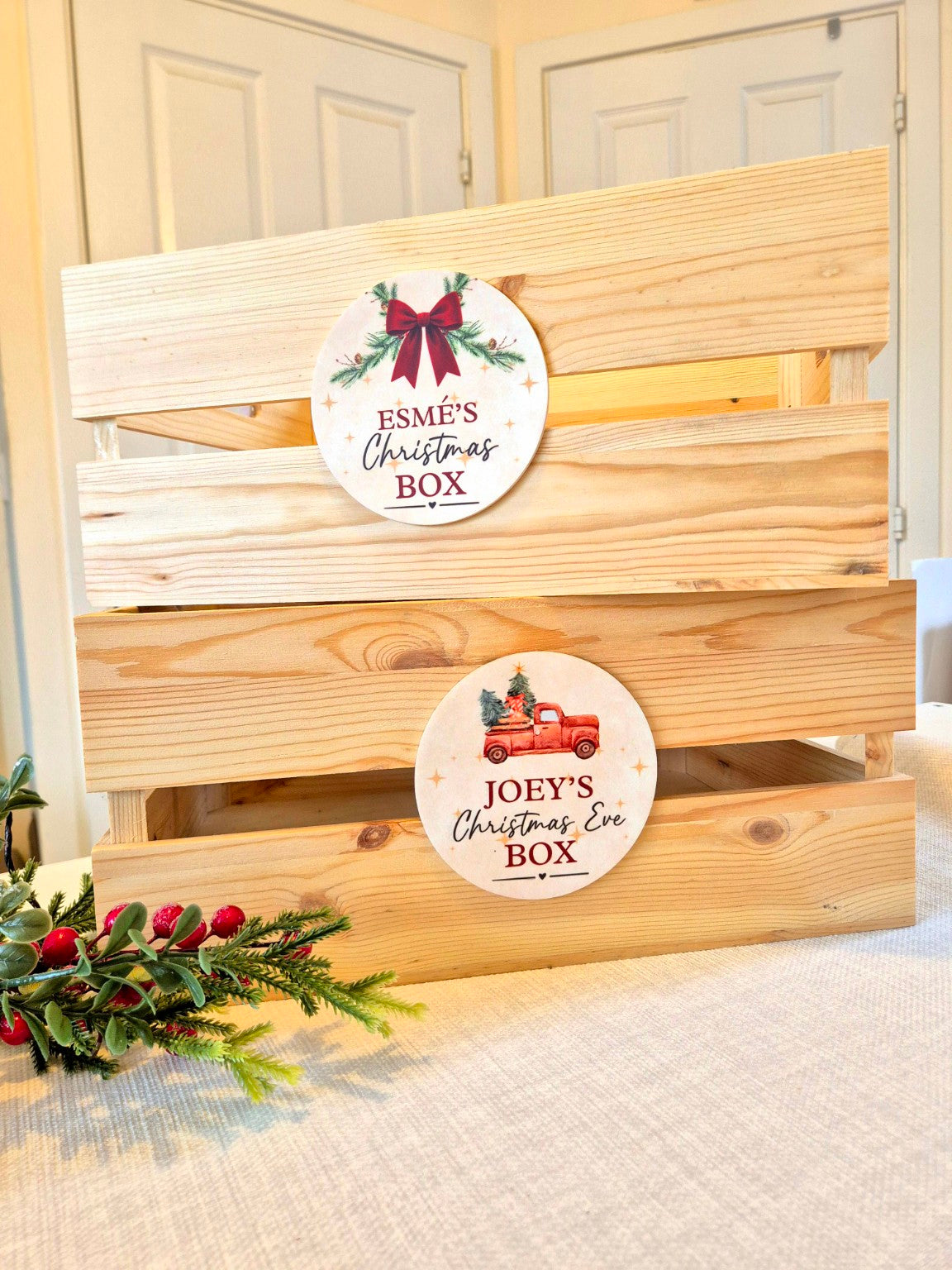 Personalised wooden Christmas Box with Red Bow and Christmas Truck designs