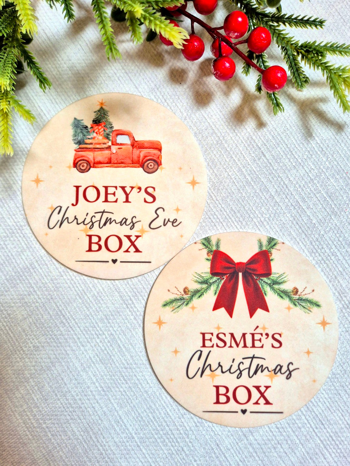 Personalised Christmas Box discs in Red Bow and Christmas Truck designs