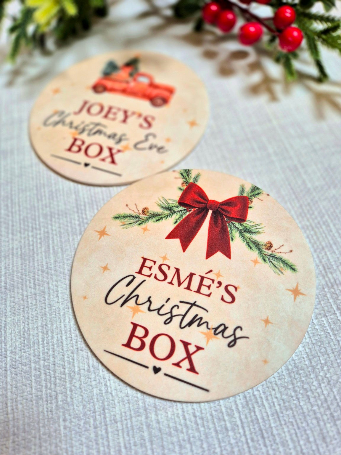 Red Bow personalised Christmas Box disc close-up