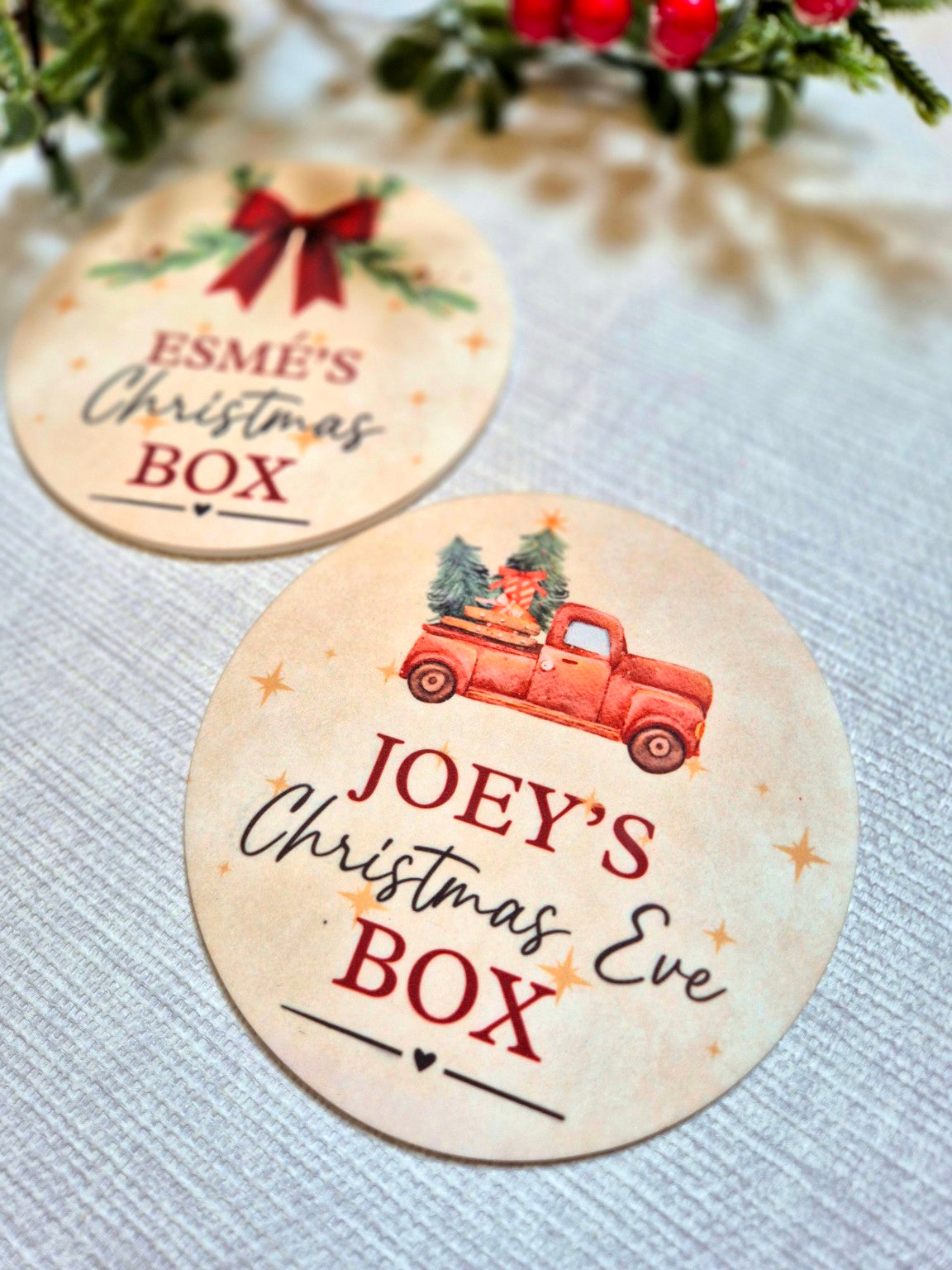 Christmas Truck personalised Christmas Eve Box disc close-up