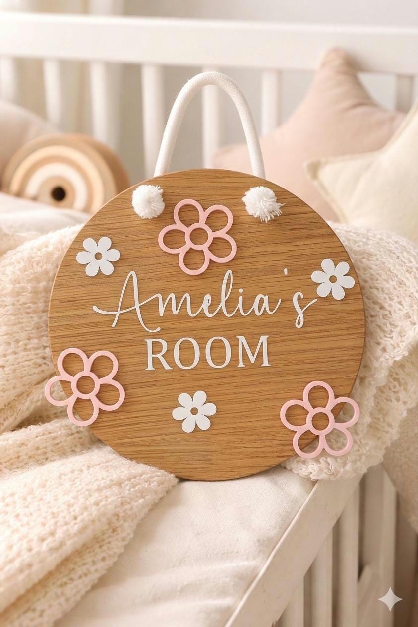 Personalised flower bedroom sign oak name plaque