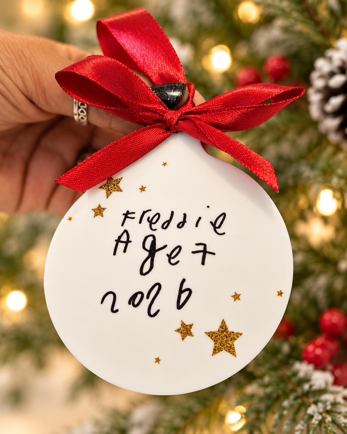 Personalised flat white acrylic Christmas bauble with Freddie's handwritten name, age 7 and 2026, gold stars and a red satin bow against a festive background