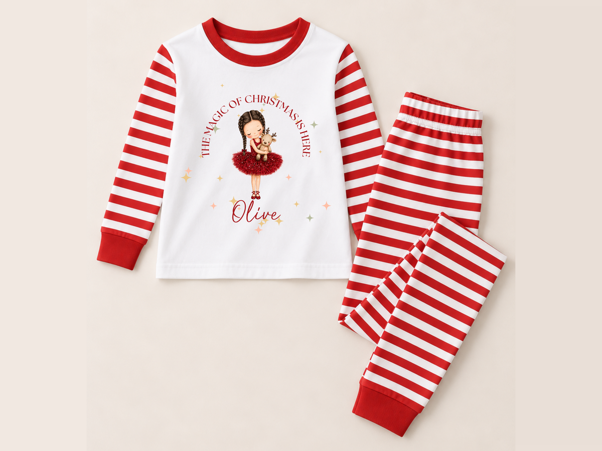 Ballerina The Magic of Christmas Is Here personalised red striped children's pyjamas