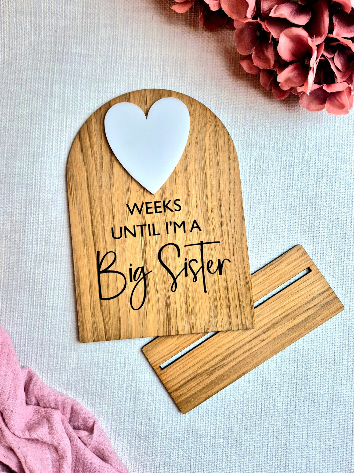 Big Sister baby countdown plaque with wooden stand