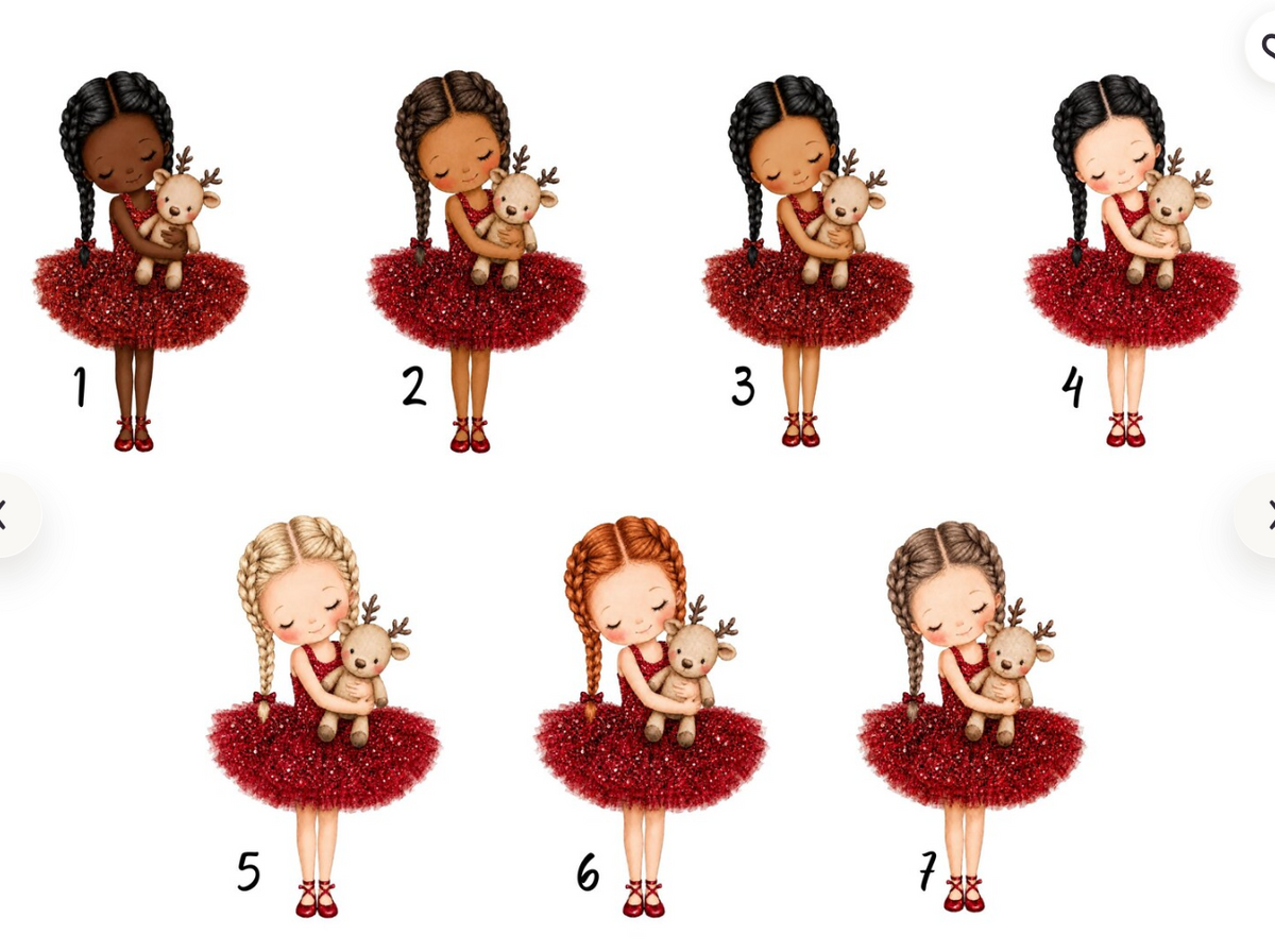 Choose Ballerina character number 1 to 7 showing different skin tones and hair colours