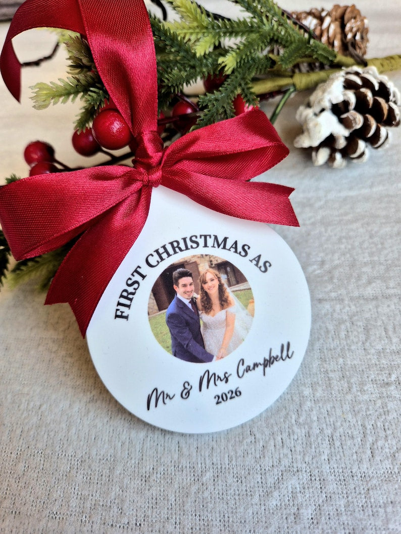 Personalised First Christmas as Mr and Mrs photo acrylic ornament with ribbon