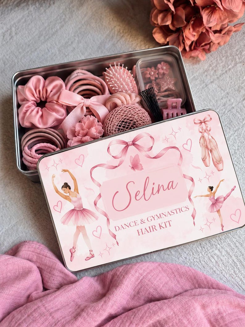 Personalised dance and gymnastics hair kit tin