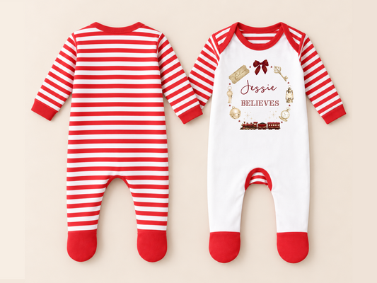 Personalised Christmas Believes baby sleepsuit, front and back in red-and-white stripes