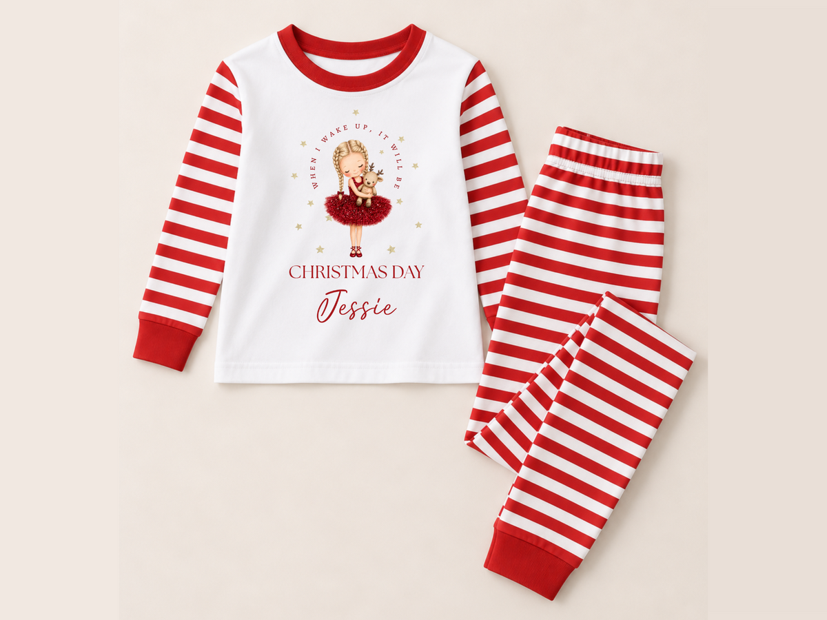 Personalised ballerina Christmas pyjamas in red-and-white stripes with Jessie name