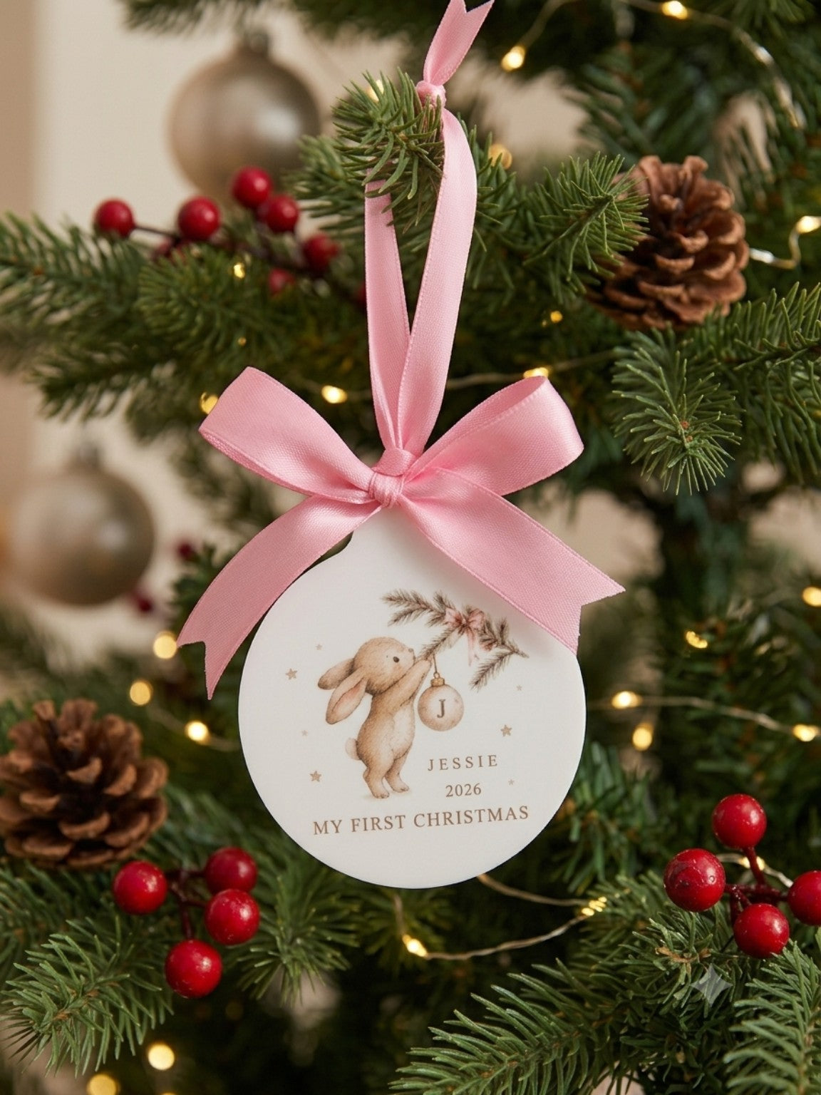 Personalised first Christmas white acrylic ornament with bunny design and pink ribbon