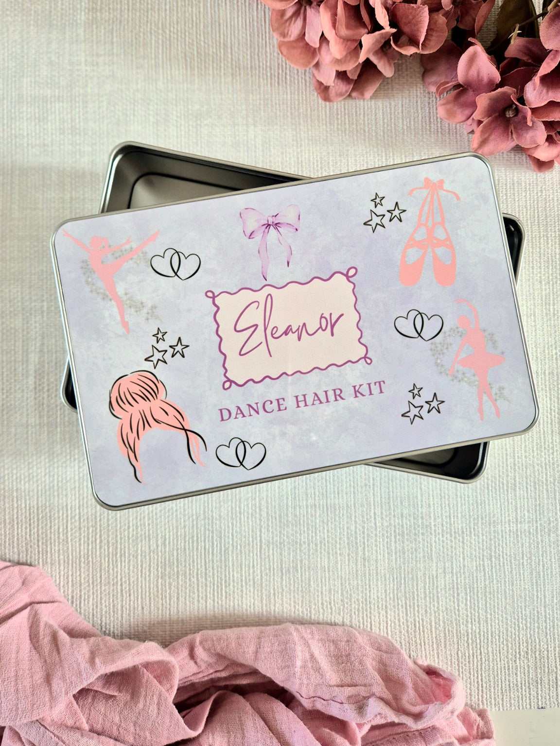 Personalised lilac and pink dance hair kit tin