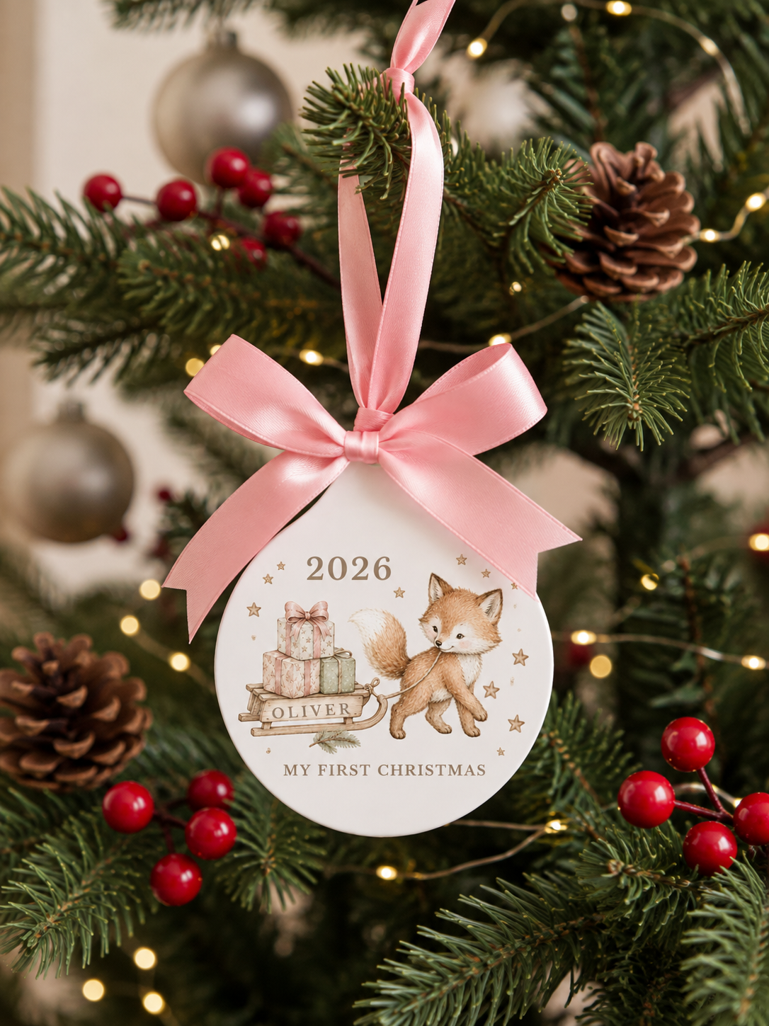 Personalised fox first Christmas ornament with name and year on Christmas tree