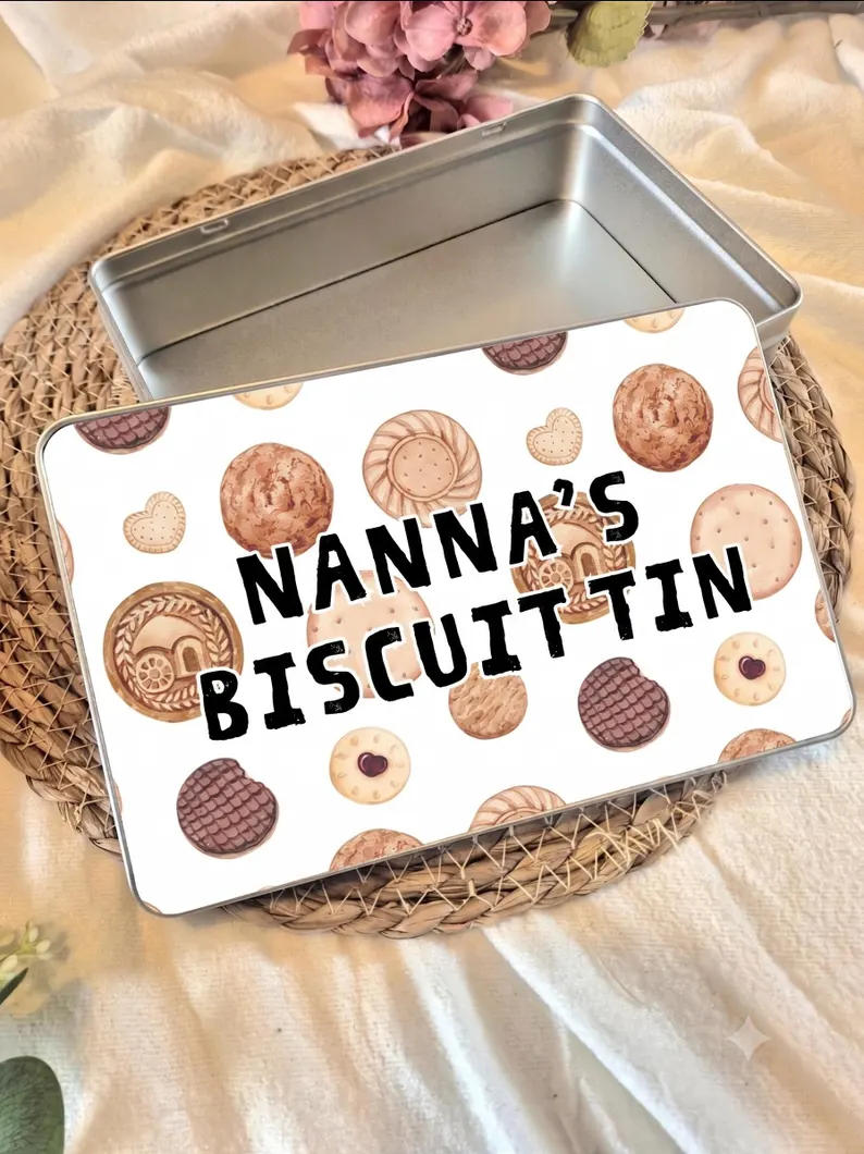 Personalised Nanna's biscuit tin with illustrated biscuit design