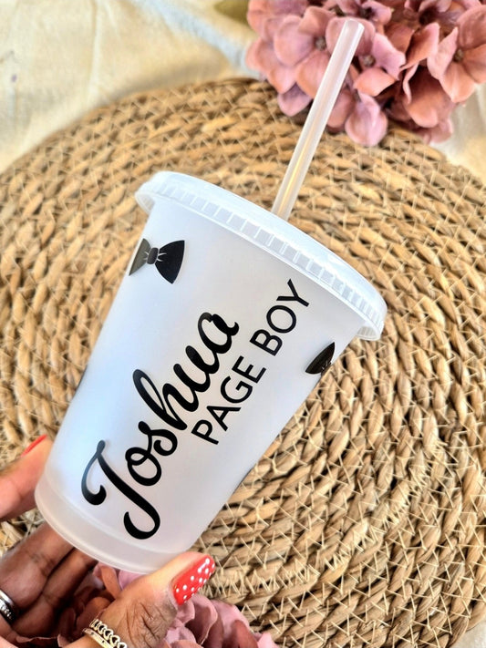 Personalised frosted page boy cold cup with straw and black bow tie design
