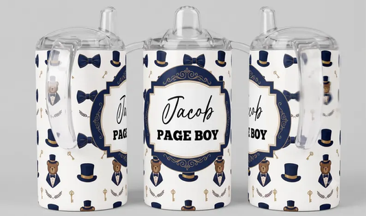 Personalised Page Boy sippy cup with navy bow tie and top hat design