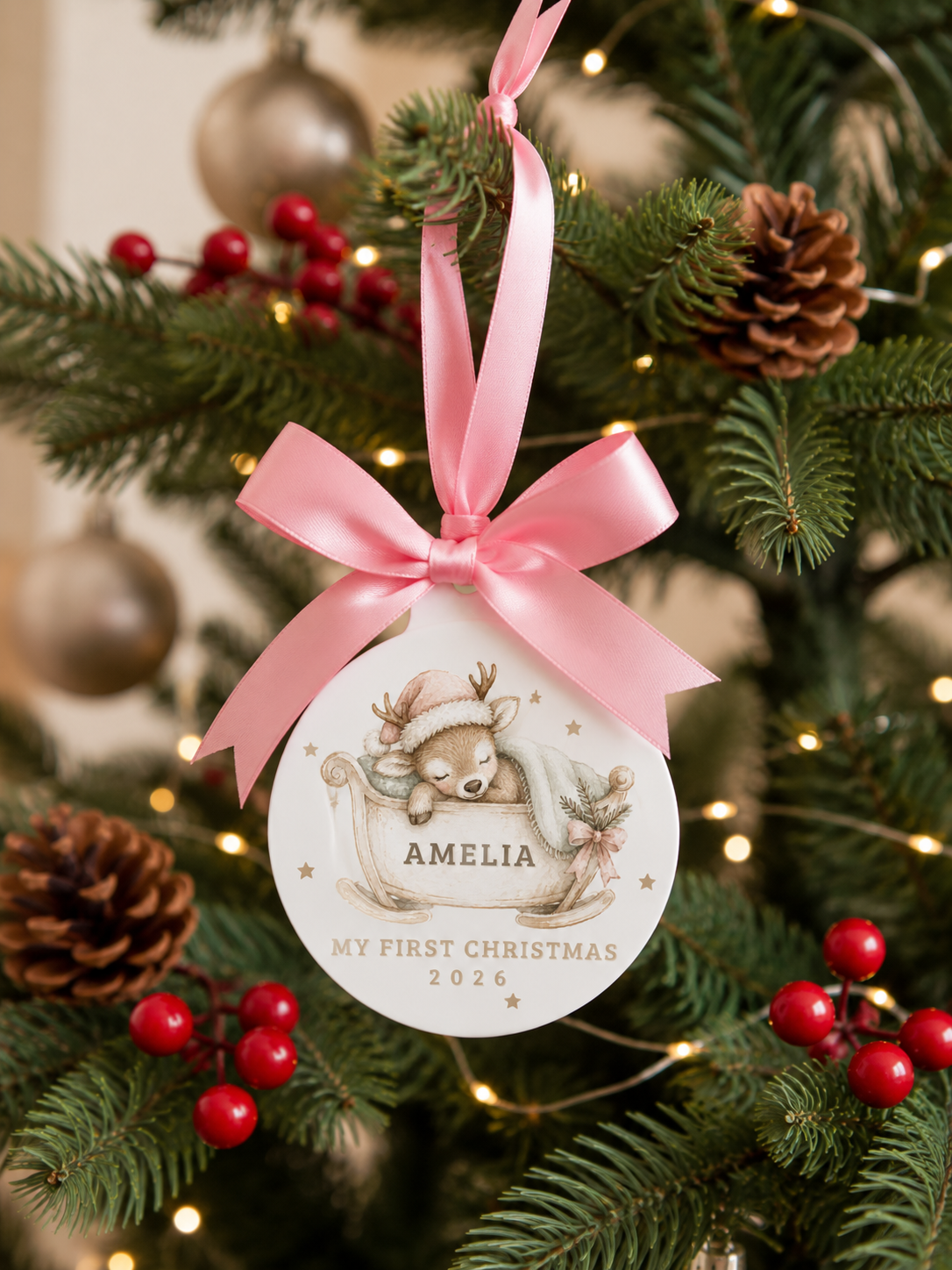 Personalised baby reindeer sleigh first Christmas ornament with name and year on Christmas tree