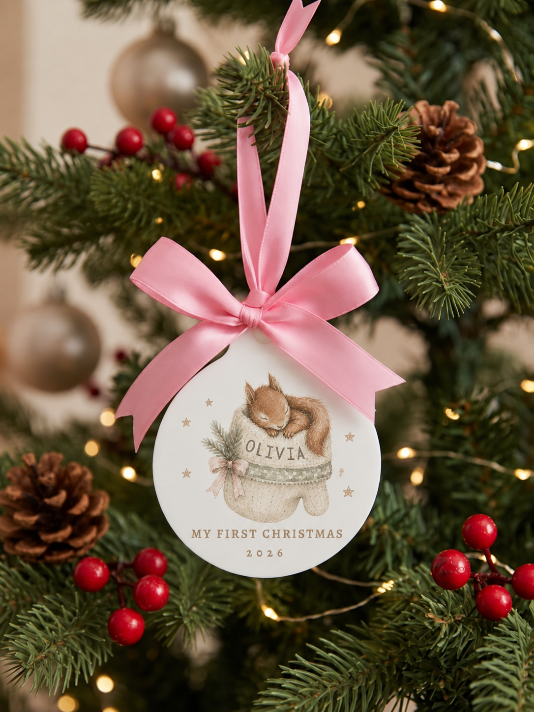 Personalised squirrel first Christmas ornament with name and year on Christmas tree