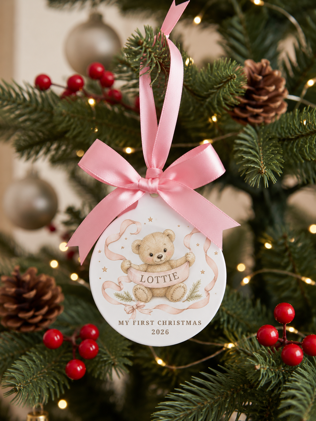 Personalised teddy bear first Christmas ornament with name and year on Christmas tree