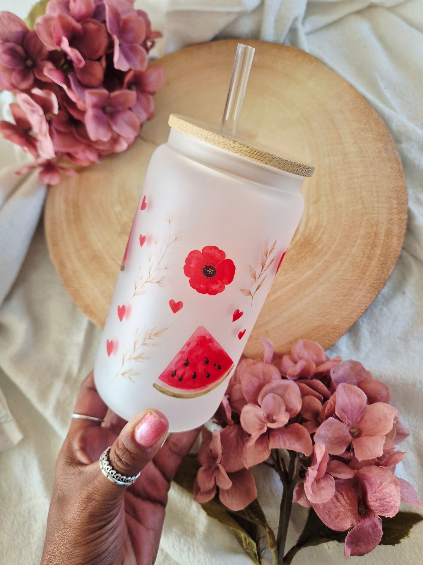 Watermelon & Poppy Print Libby Glass Can