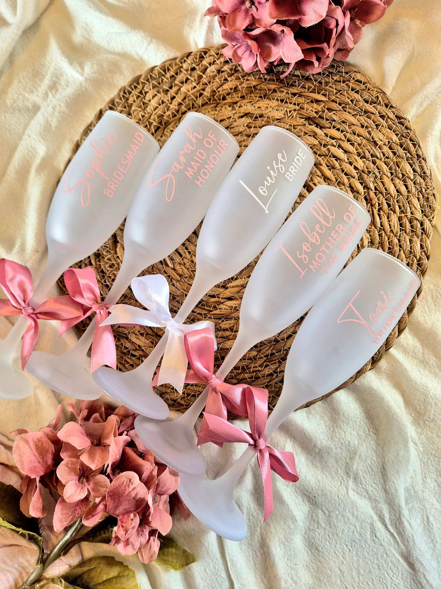 Personalised Frosted Champagne Flutes with Bow - Pink