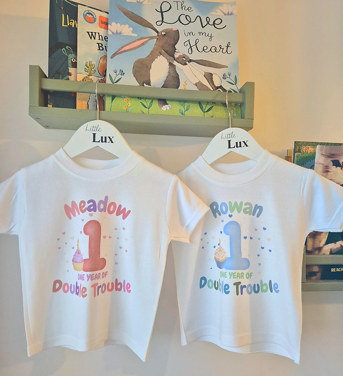 Personalised Twin 1st Birthday T-Shirts – One Year of Double Trouble (Set of 2)
