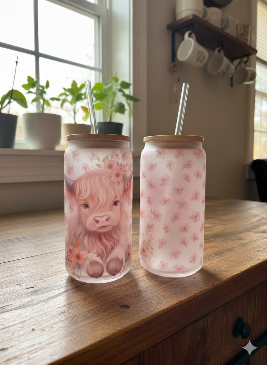Pink Highland Cow Glass Can