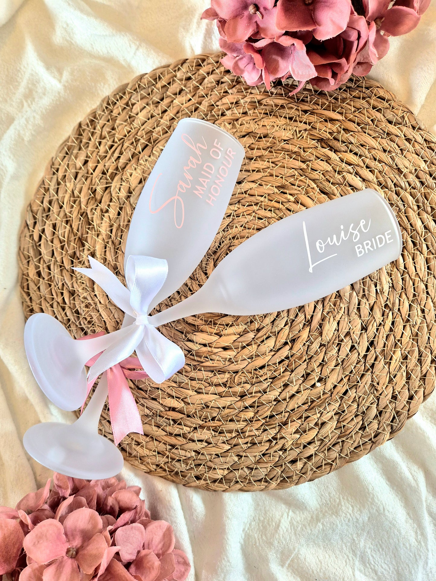 Personalised Frosted Champagne Flutes with Bow - Pink