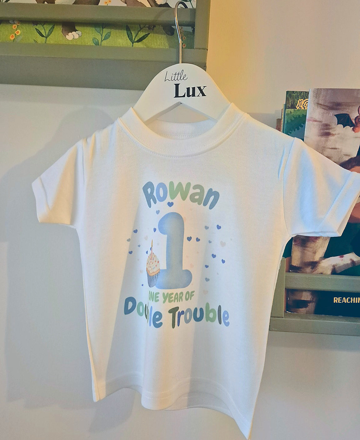 Personalised Twin 1st Birthday T-Shirts – One Year of Double Trouble (Set of 2)