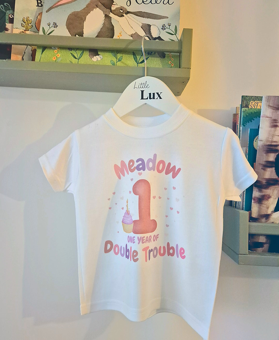 Personalised Twin 1st Birthday T-Shirts – One Year of Double Trouble (Set of 2)